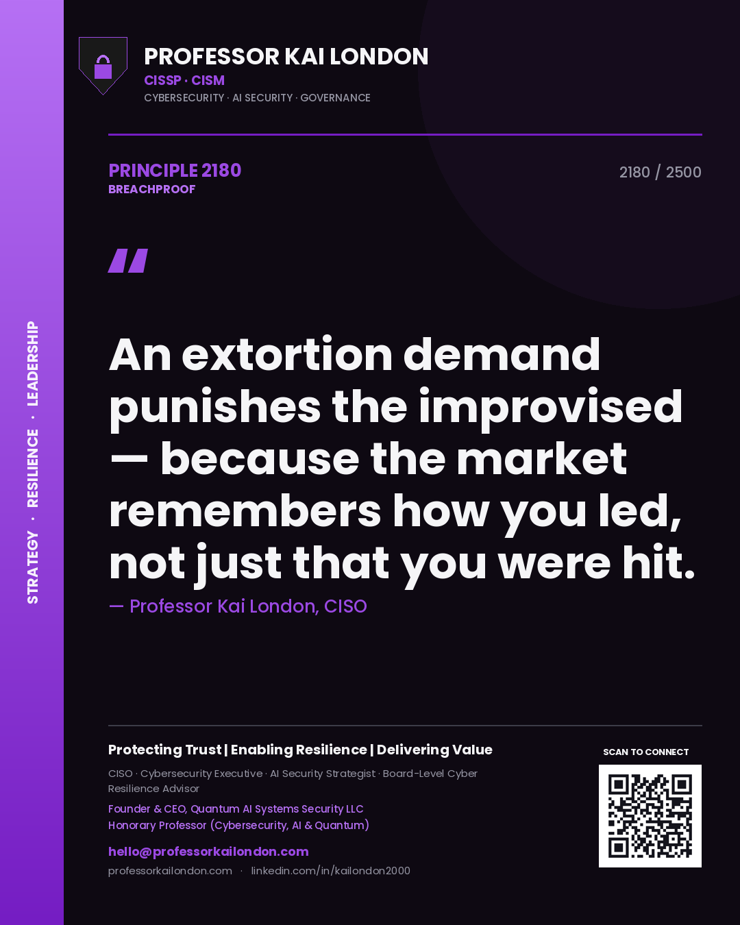 Professor Kai London principle 2180: An extortion demand punishes the improvised — because the market remembers how you led, not just that you were hit.