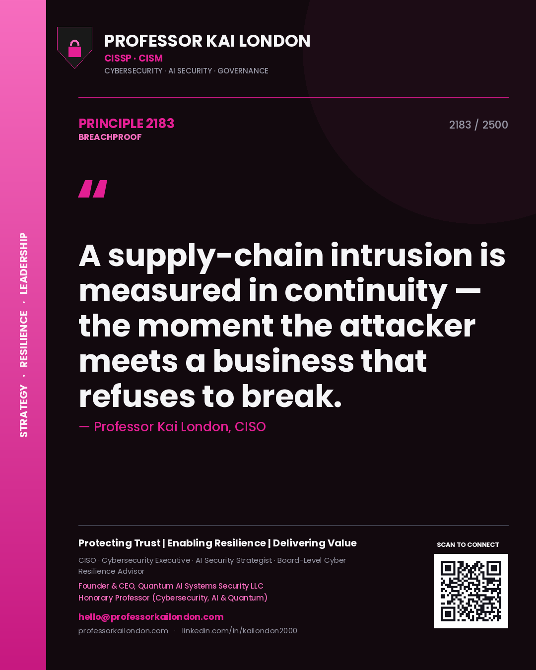 Professor Kai London principle 2183: A supply-chain intrusion is measured in continuity — the moment the attacker meets a business that refuses to break.