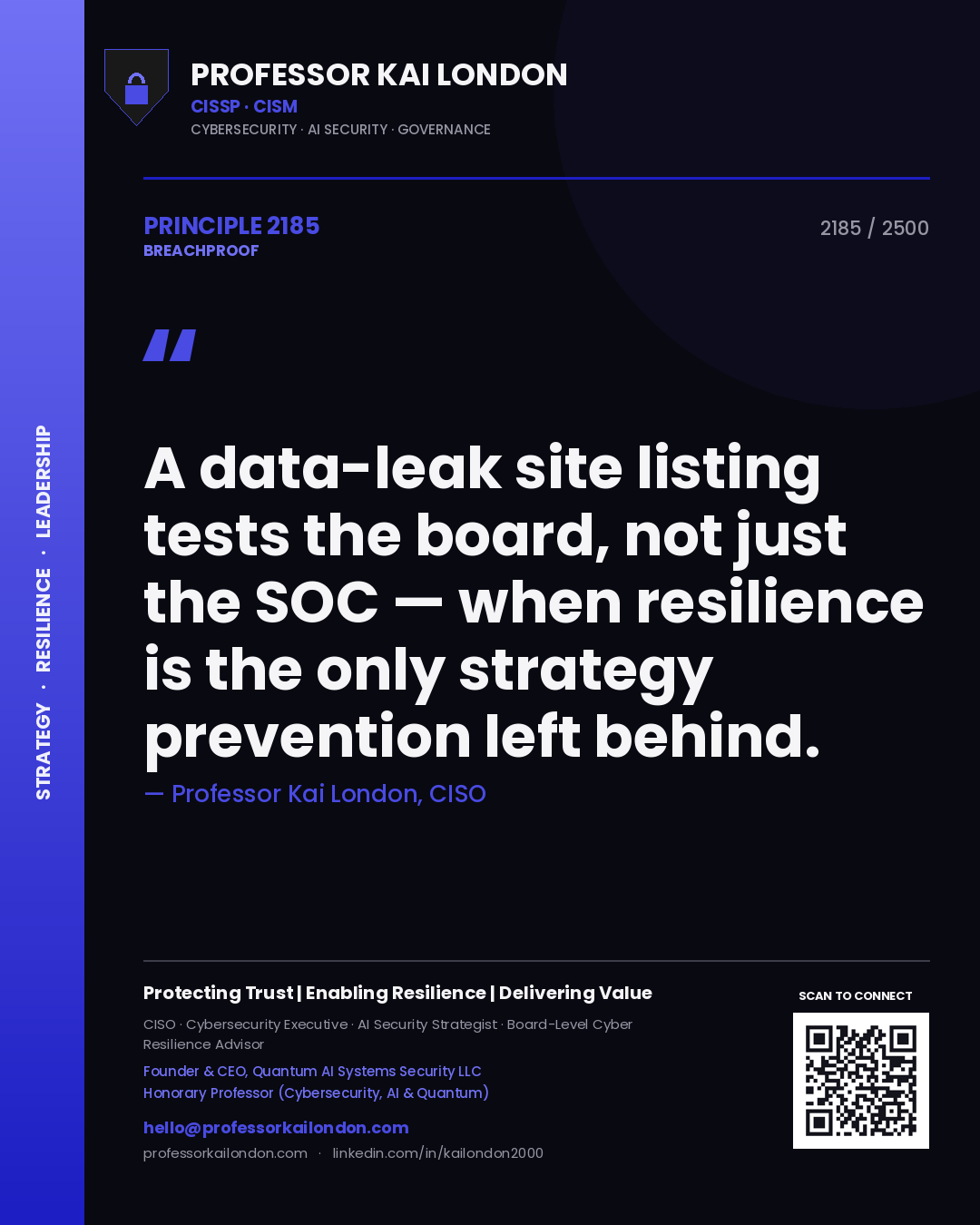 Professor Kai London principle 2185: A data-leak site listing tests the board, not just the SOC — when resilience is the only strategy prevention left behind.