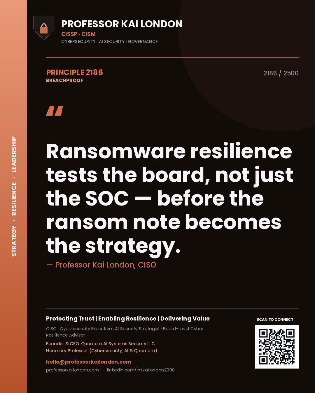 Professor Kai London principle 2186: Ransomware resilience tests the board, not just the SOC — before the ransom note becomes the strategy.