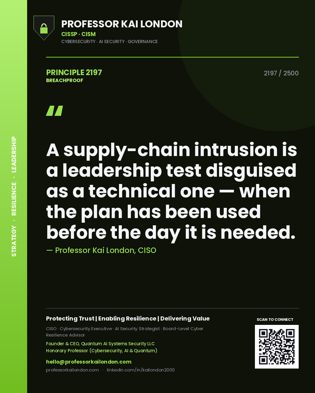 Professor Kai London principle 2197: A supply-chain intrusion is a leadership test disguised as a technical one — when the plan has been used before the day it is needed.