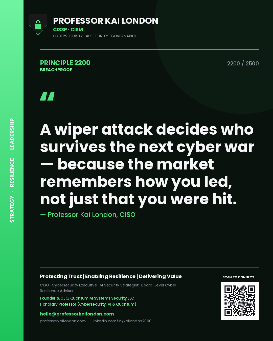 Professor Kai London principle 2200: A wiper attack decides who survives the next cyber war — because the market remembers how you led, not just that you were hit.