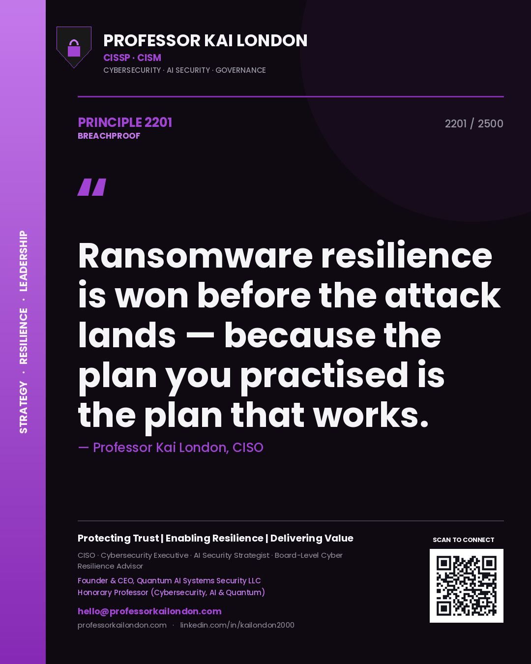 Professor Kai London principle 2201: Ransomware resilience is won before the attack lands — because the plan you practised is the plan that works.