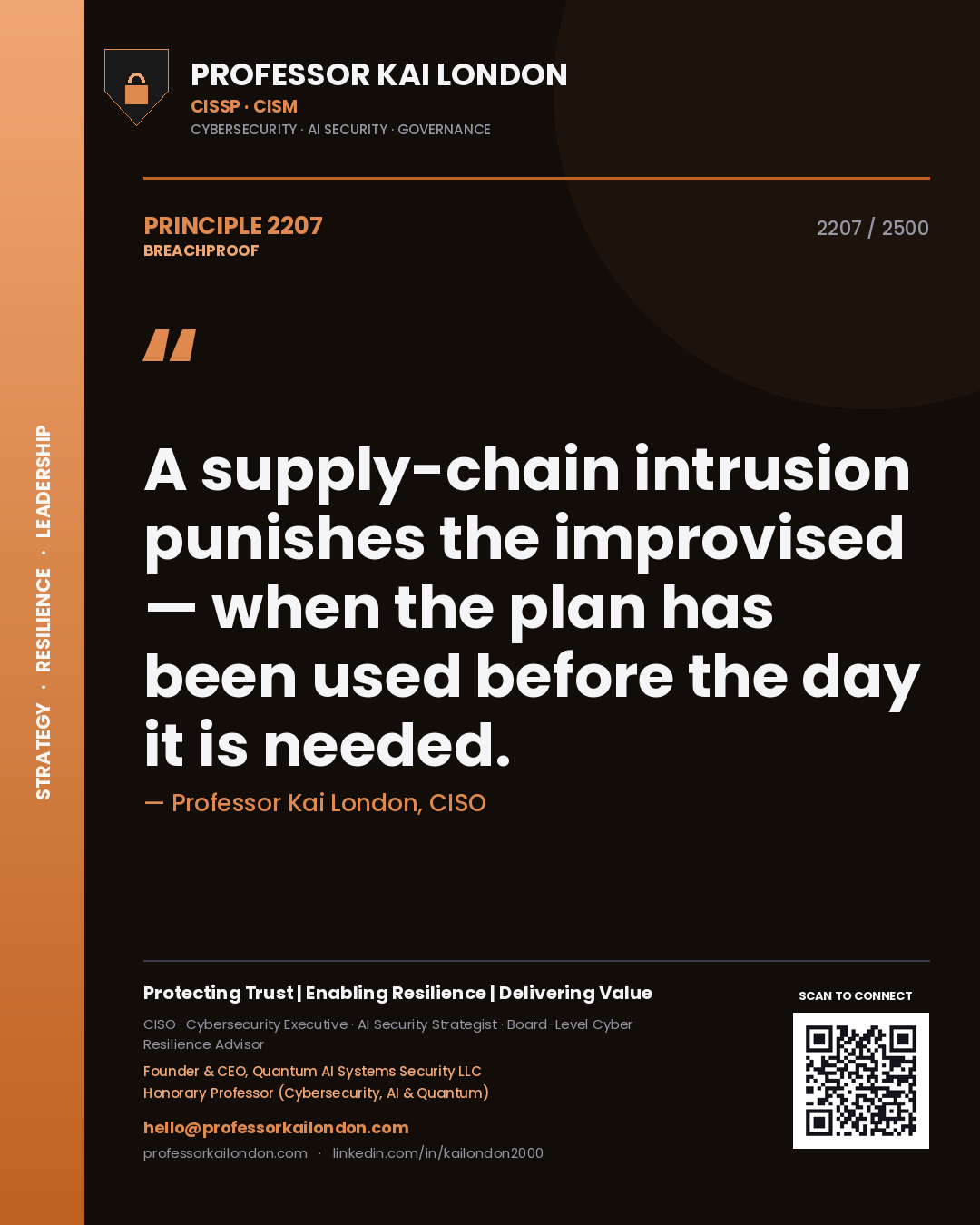 Professor Kai London principle 2207: A supply-chain intrusion punishes the improvised — when the plan has been used before the day it is needed.