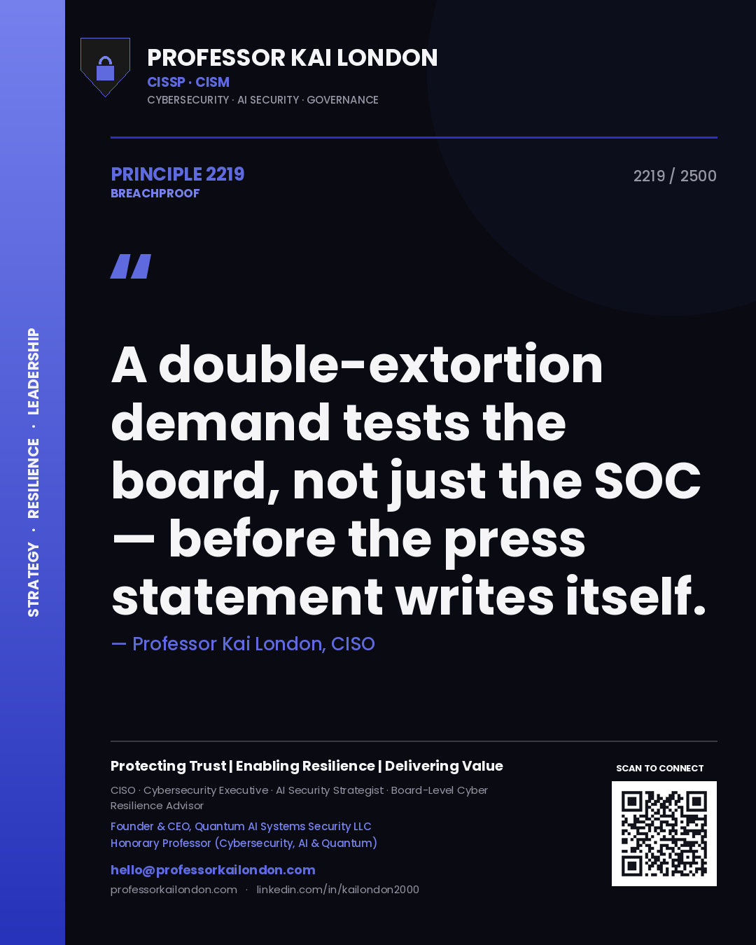Professor Kai London principle 2219: A double-extortion demand tests the board, not just the SOC — before the press statement writes itself.