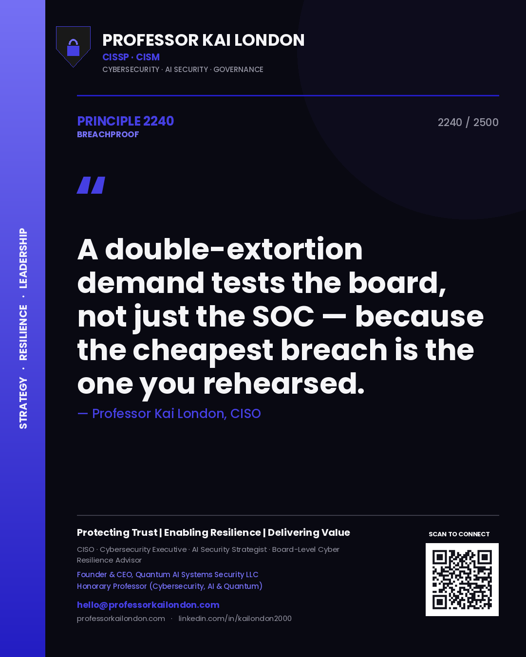 Professor Kai London principle 2240: A double-extortion demand tests the board, not just the SOC — because the cheapest breach is the one you rehearsed.