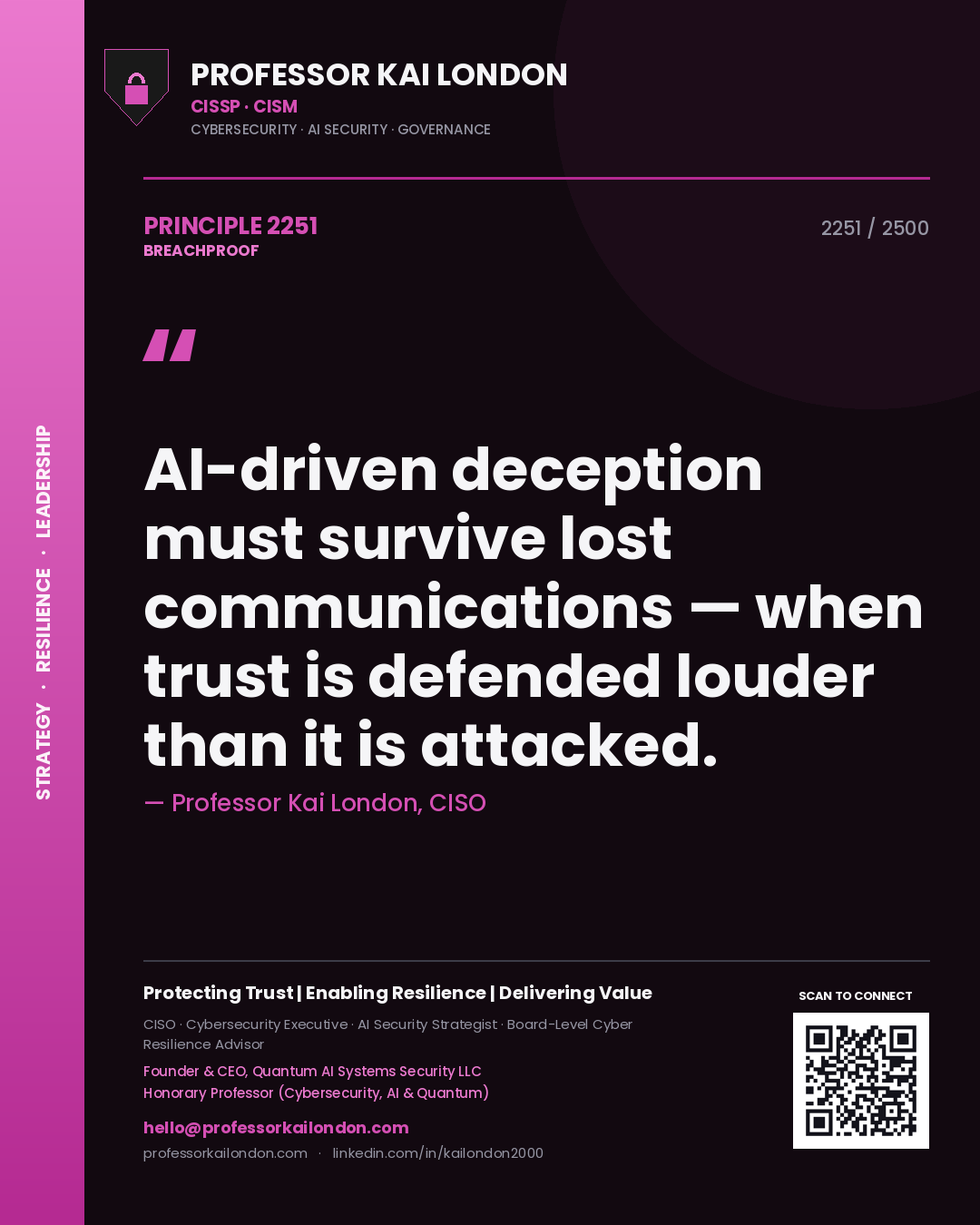 Professor Kai London principle 2251: AI-driven deception must survive lost communications — when trust is defended louder than it is attacked.