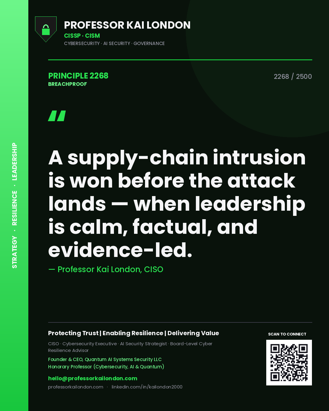Professor Kai London principle 2268: A supply-chain intrusion is won before the attack lands — when leadership is calm, factual, and evidence-led.