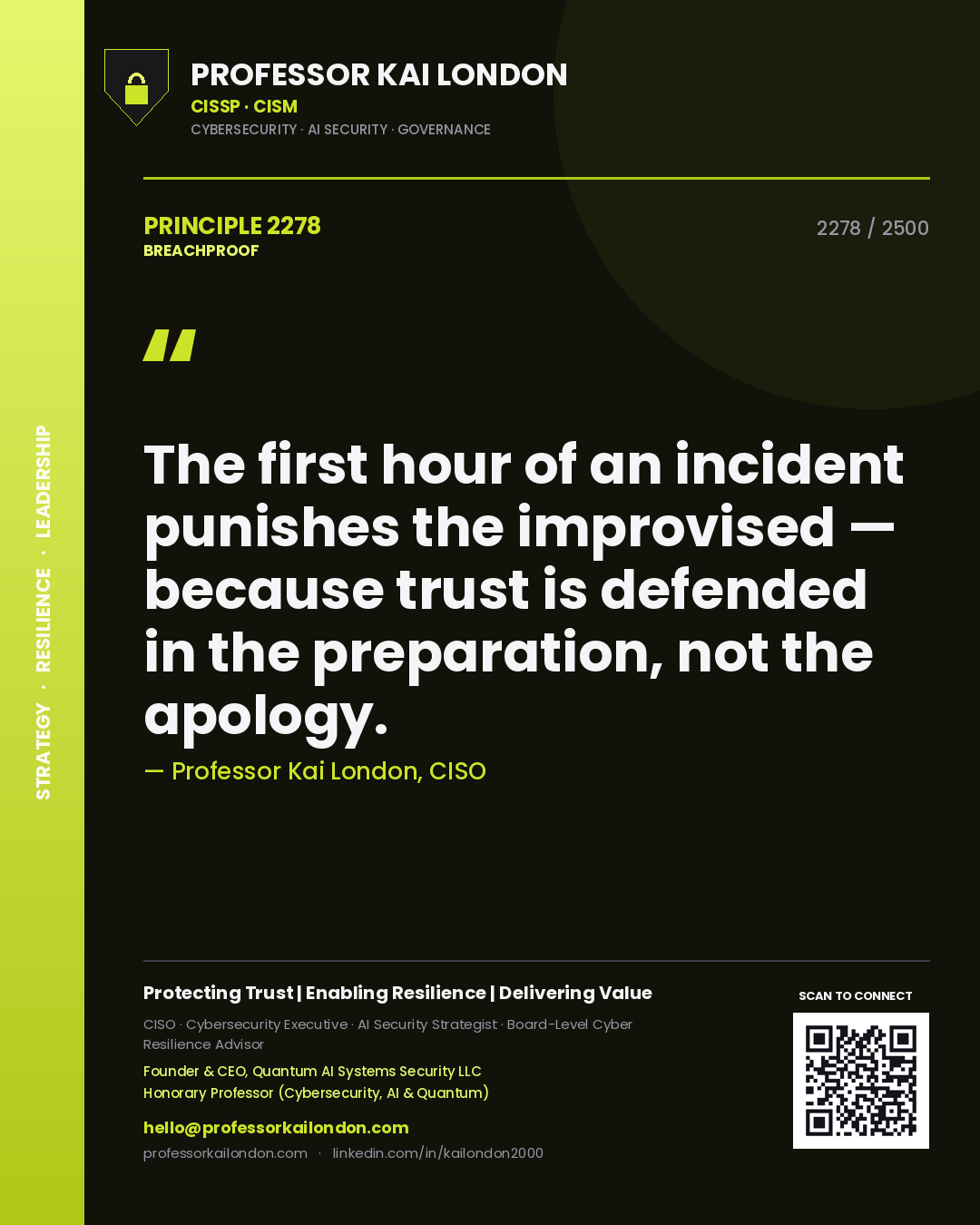 Professor Kai London principle 2278: The first hour of an incident punishes the improvised — because trust is defended in the preparation, not the apology.