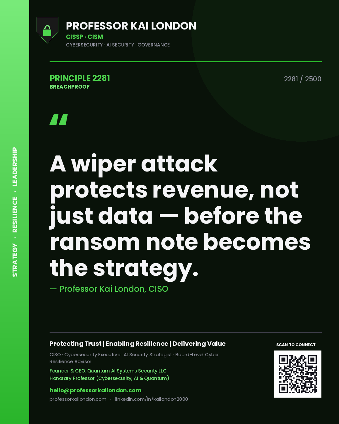 Professor Kai London principle 2281: A wiper attack protects revenue, not just data — before the ransom note becomes the strategy.