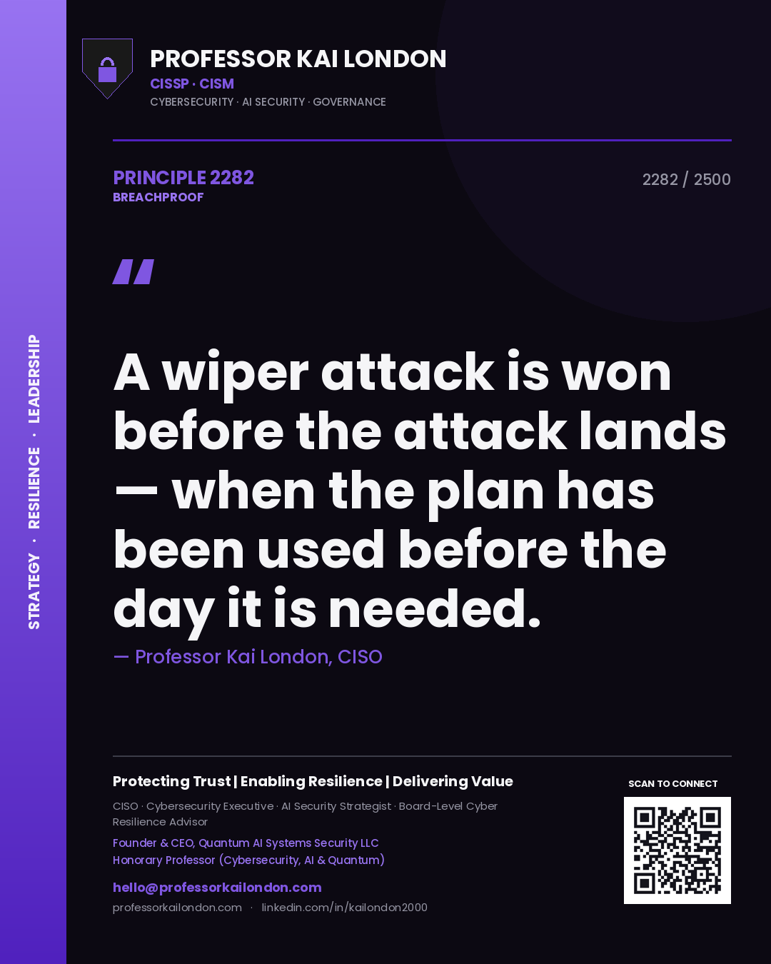 Professor Kai London principle 2282: A wiper attack is won before the attack lands — when the plan has been used before the day it is needed.