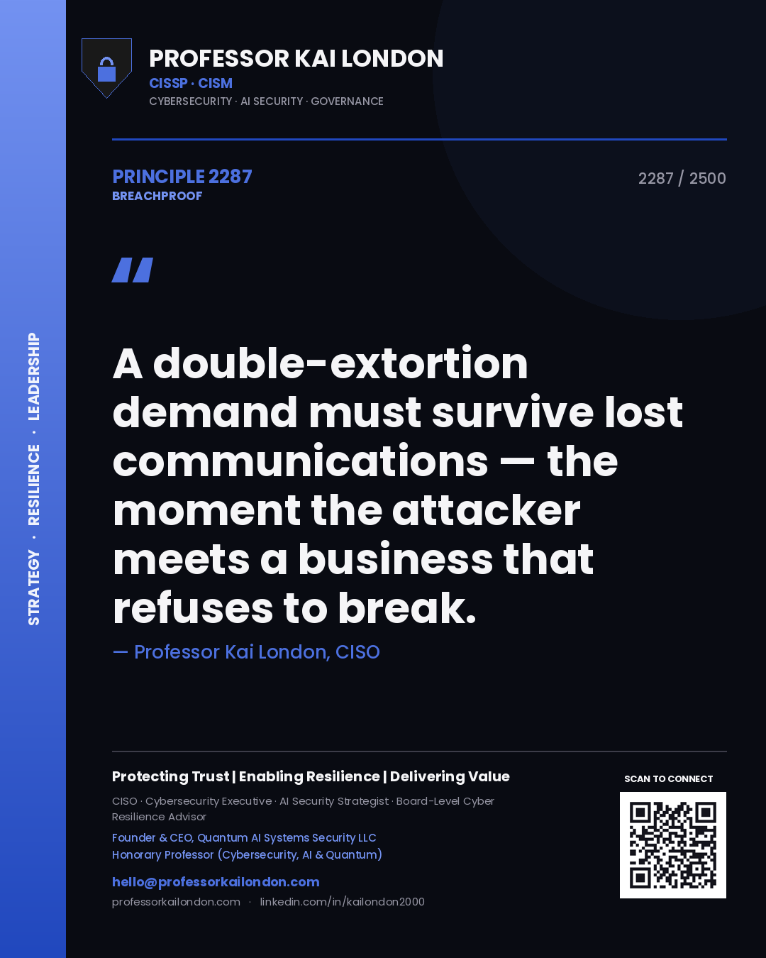 Professor Kai London principle 2287: A double-extortion demand must survive lost communications — the moment the attacker meets a business that refuses to break.