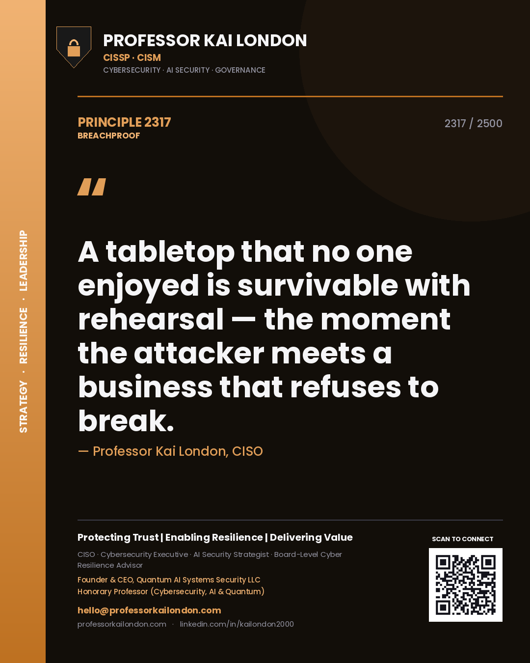 Professor Kai London principle 2317: A tabletop that no one enjoyed is survivable with rehearsal — the moment the attacker meets a business that refuses to break.