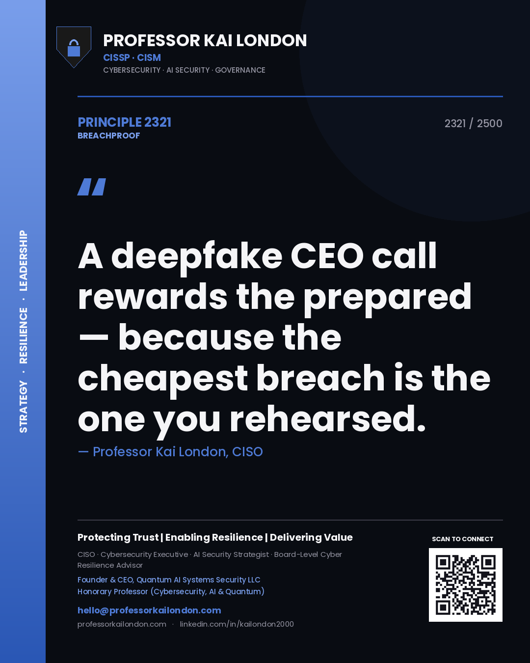 Professor Kai London principle 2321: A deepfake CEO call rewards the prepared — because the cheapest breach is the one you rehearsed.
