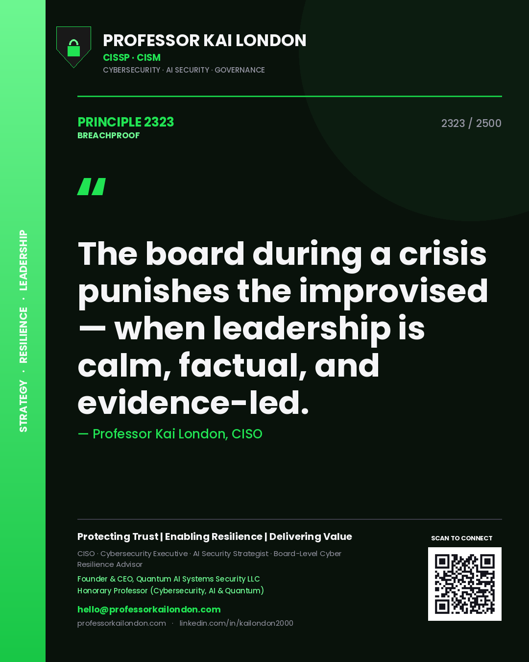 Professor Kai London principle 2323: The board during a crisis punishes the improvised — when leadership is calm, factual, and evidence-led.
