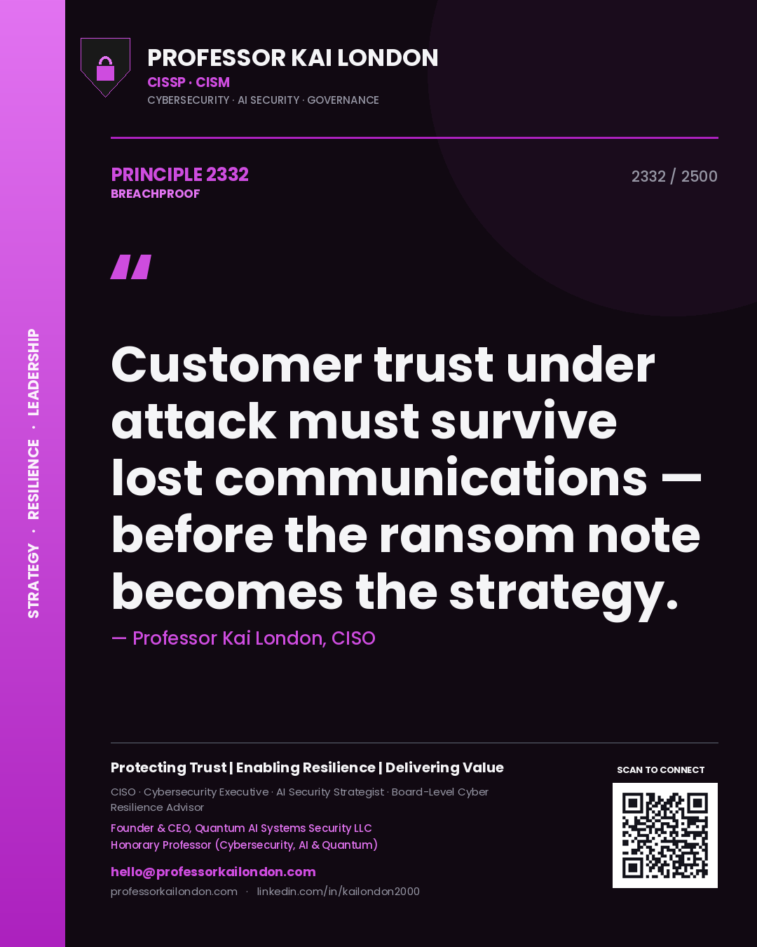 Professor Kai London principle 2332: Customer trust under attack must survive lost communications — before the ransom note becomes the strategy.
