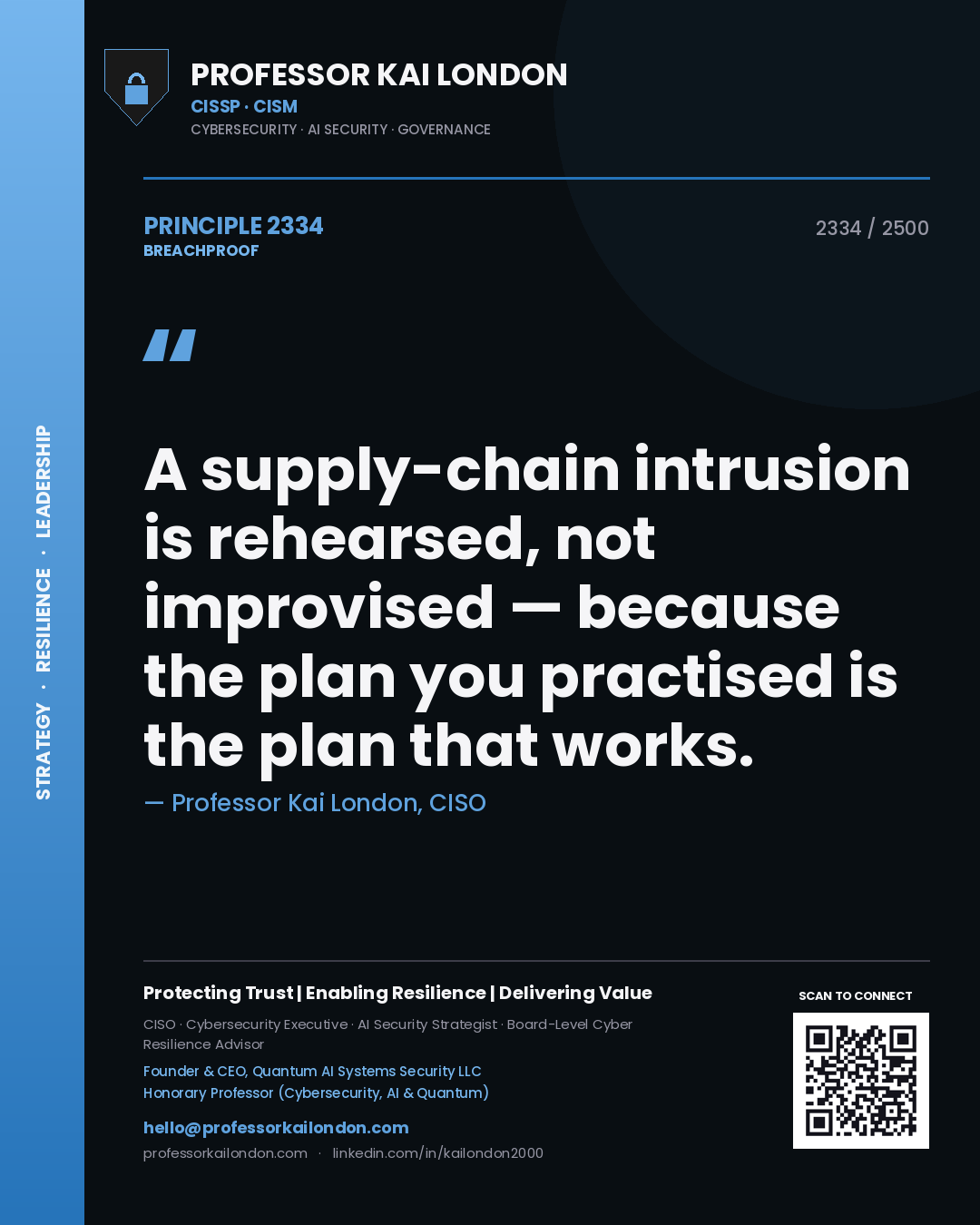 Professor Kai London principle 2334: A supply-chain intrusion is rehearsed, not improvised — because the plan you practised is the plan that works.