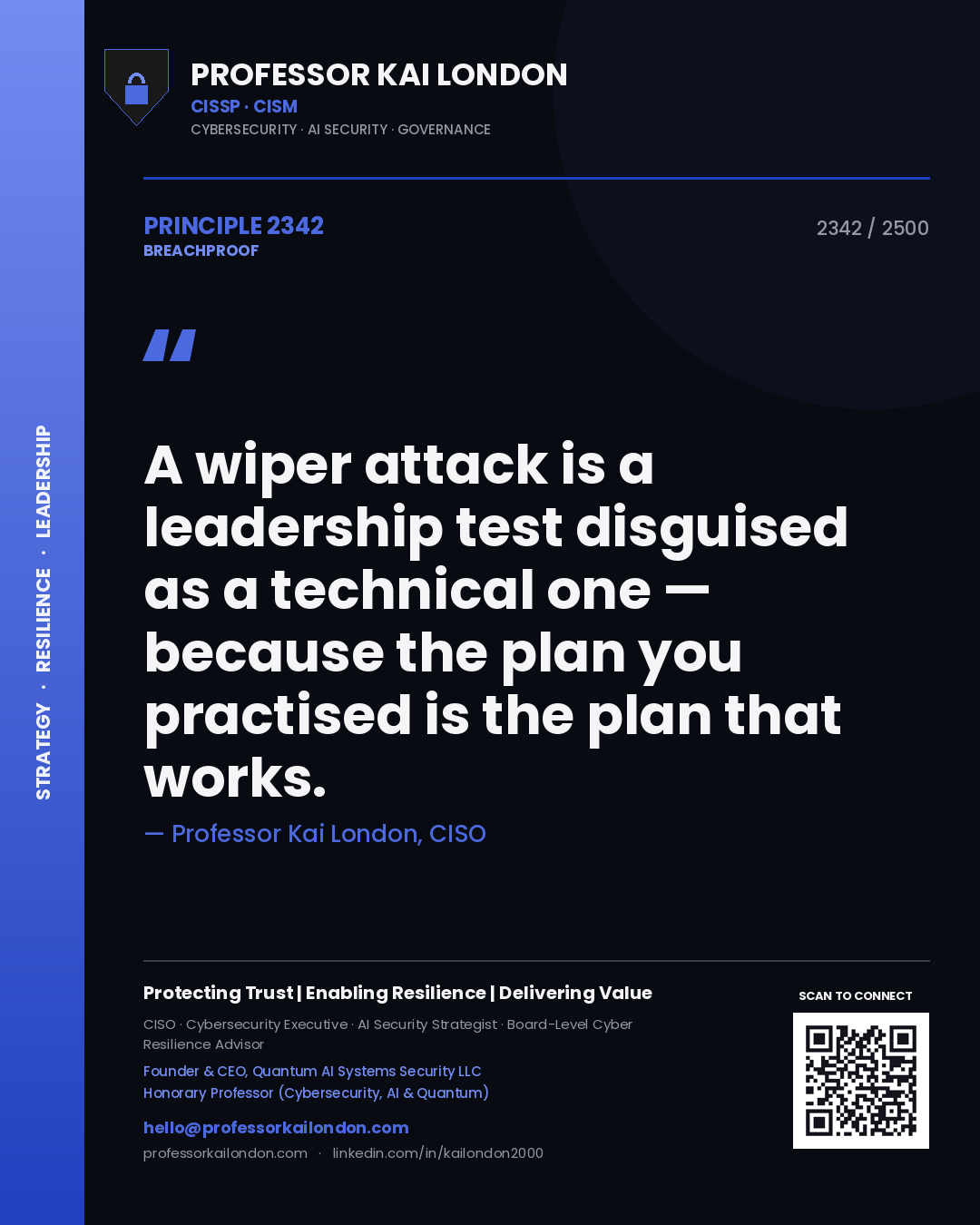 Professor Kai London principle 2342: A wiper attack is a leadership test disguised as a technical one — because the plan you practised is the plan that works.