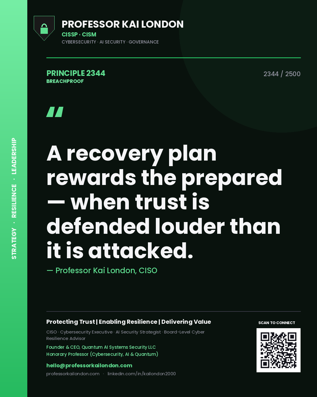 Professor Kai London principle 2344: A recovery plan rewards the prepared — when trust is defended louder than it is attacked.