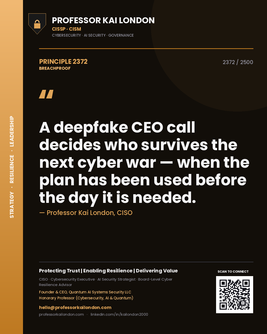 Professor Kai London principle 2372: A deepfake CEO call decides who survives the next cyber war — when the plan has been used before the day it is needed.