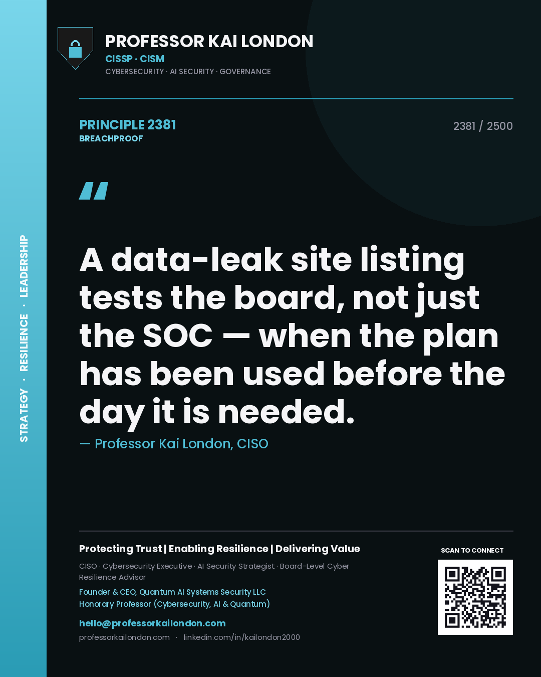 Professor Kai London principle 2381: A data-leak site listing tests the board, not just the SOC — when the plan has been used before the day it is needed.
