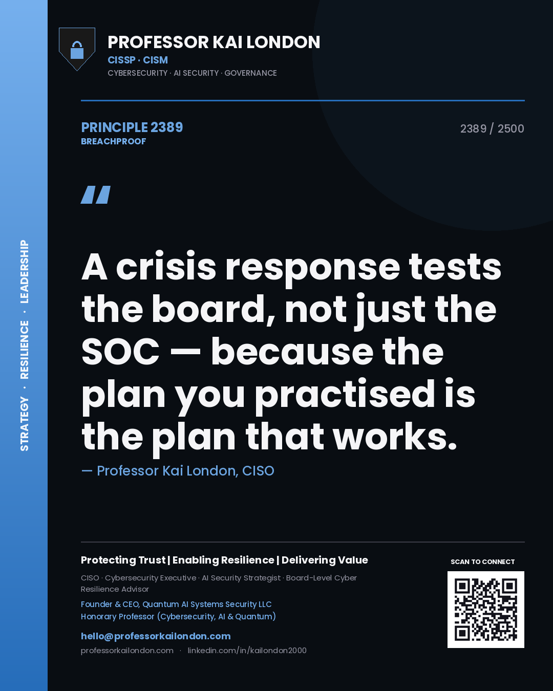 Professor Kai London principle 2389: A crisis response tests the board, not just the SOC — because the plan you practised is the plan that works.