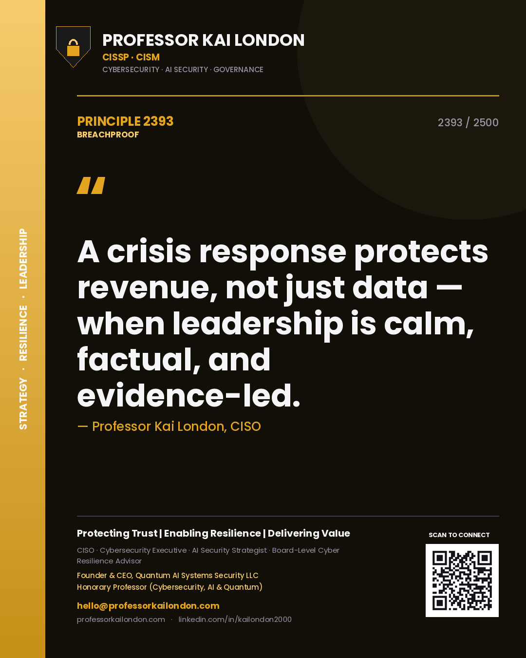 Professor Kai London principle 2393: A crisis response protects revenue, not just data — when leadership is calm, factual, and evidence-led.