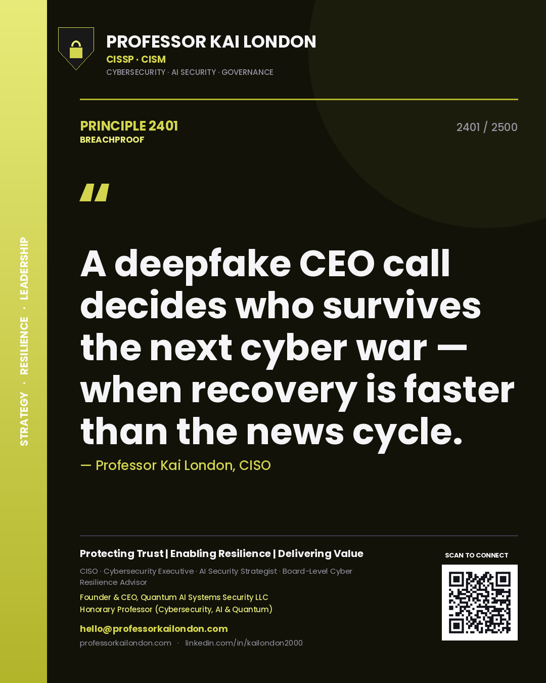 Professor Kai London principle 2401: A deepfake CEO call decides who survives the next cyber war — when recovery is faster than the news cycle.