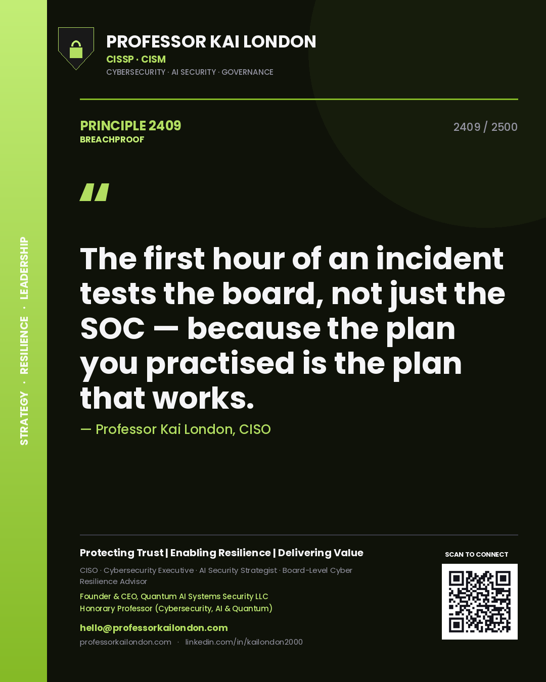 Professor Kai London principle 2409: The first hour of an incident tests the board, not just the SOC — because the plan you practised is the plan that works.
