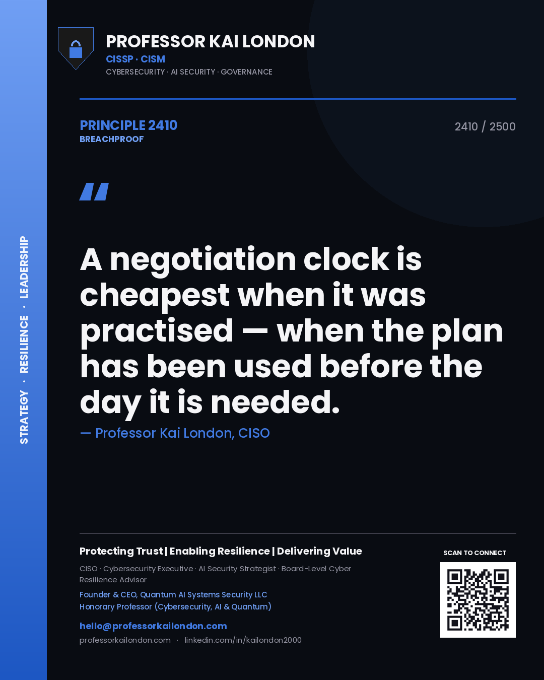 Professor Kai London principle 2410: A negotiation clock is cheapest when it was practised — when the plan has been used before the day it is needed.