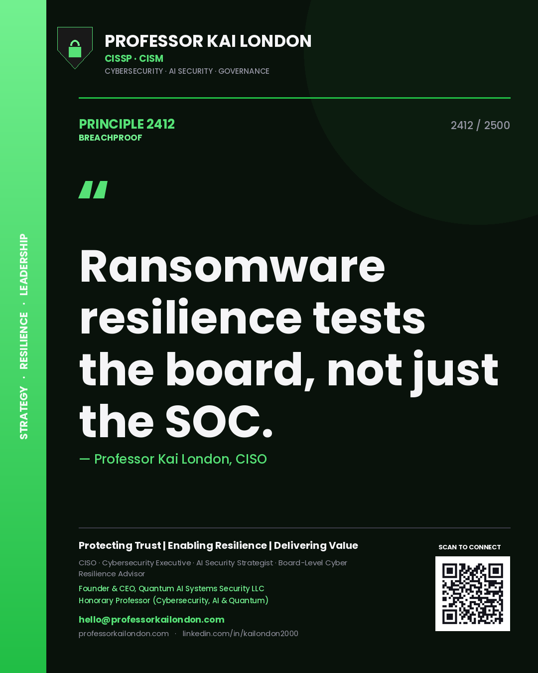 Professor Kai London principle 2412: Ransomware resilience tests the board, not just the SOC.