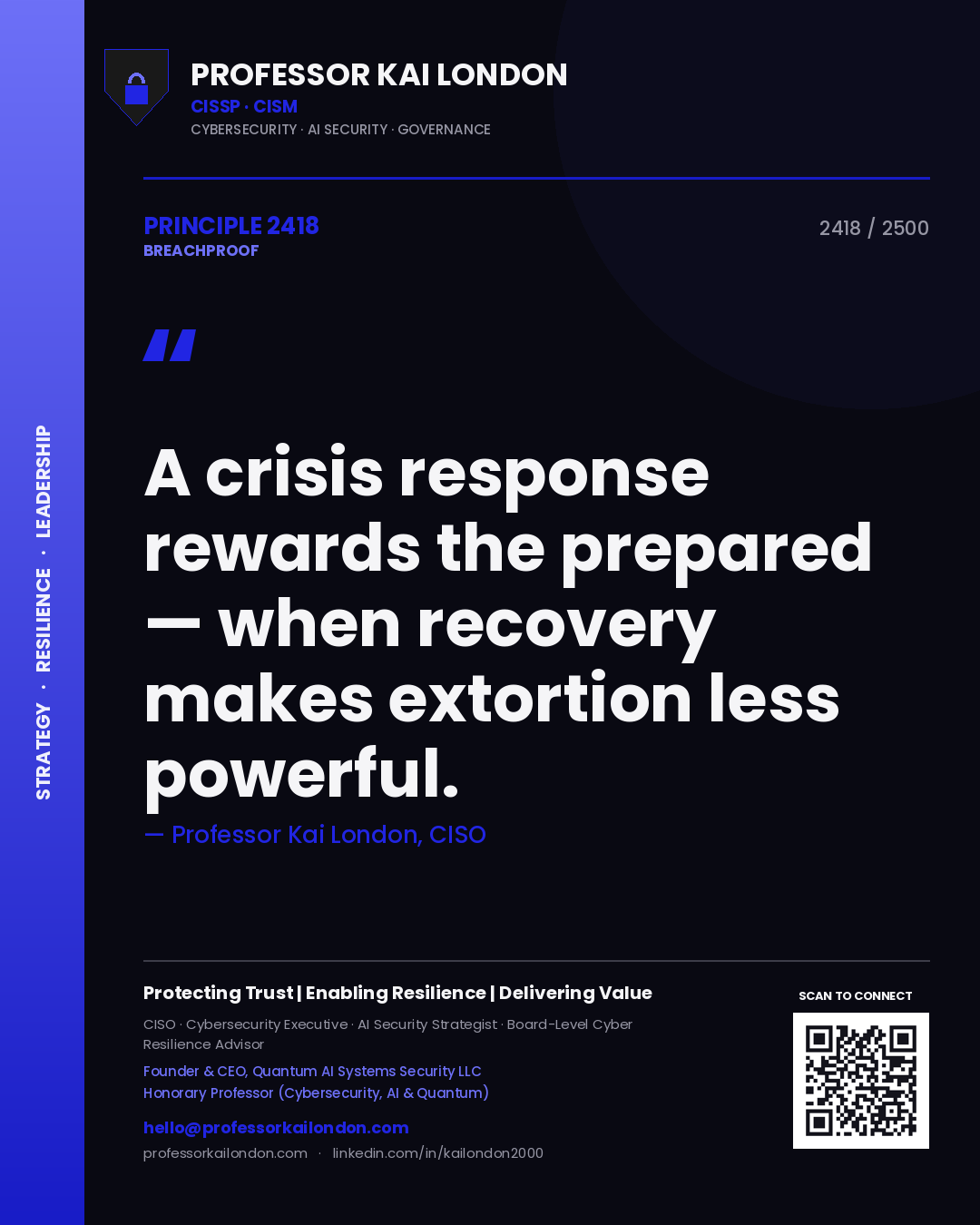Professor Kai London principle 2418: A crisis response rewards the prepared — when recovery makes extortion less powerful.
