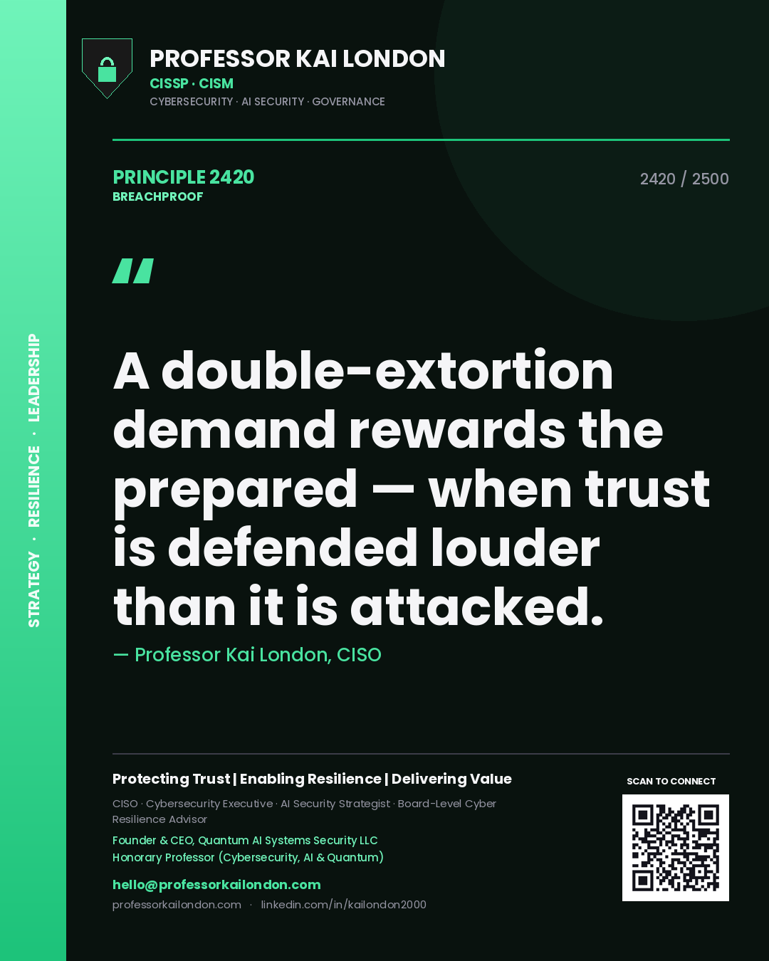 Professor Kai London principle 2420: A double-extortion demand rewards the prepared — when trust is defended louder than it is attacked.