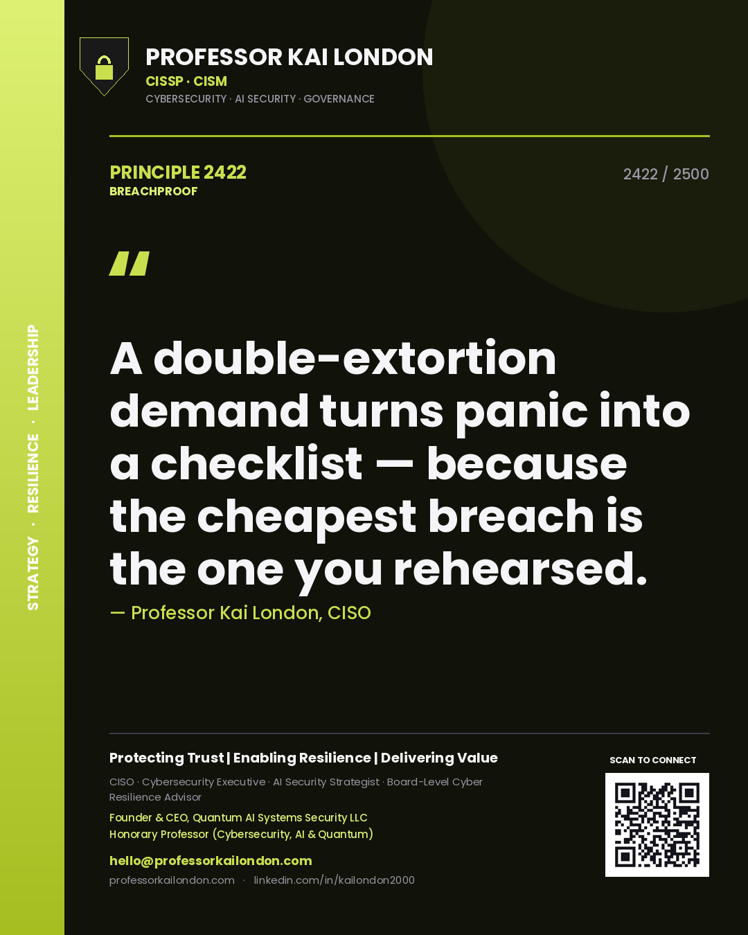 Professor Kai London principle 2422: A double-extortion demand turns panic into a checklist — because the cheapest breach is the one you rehearsed.