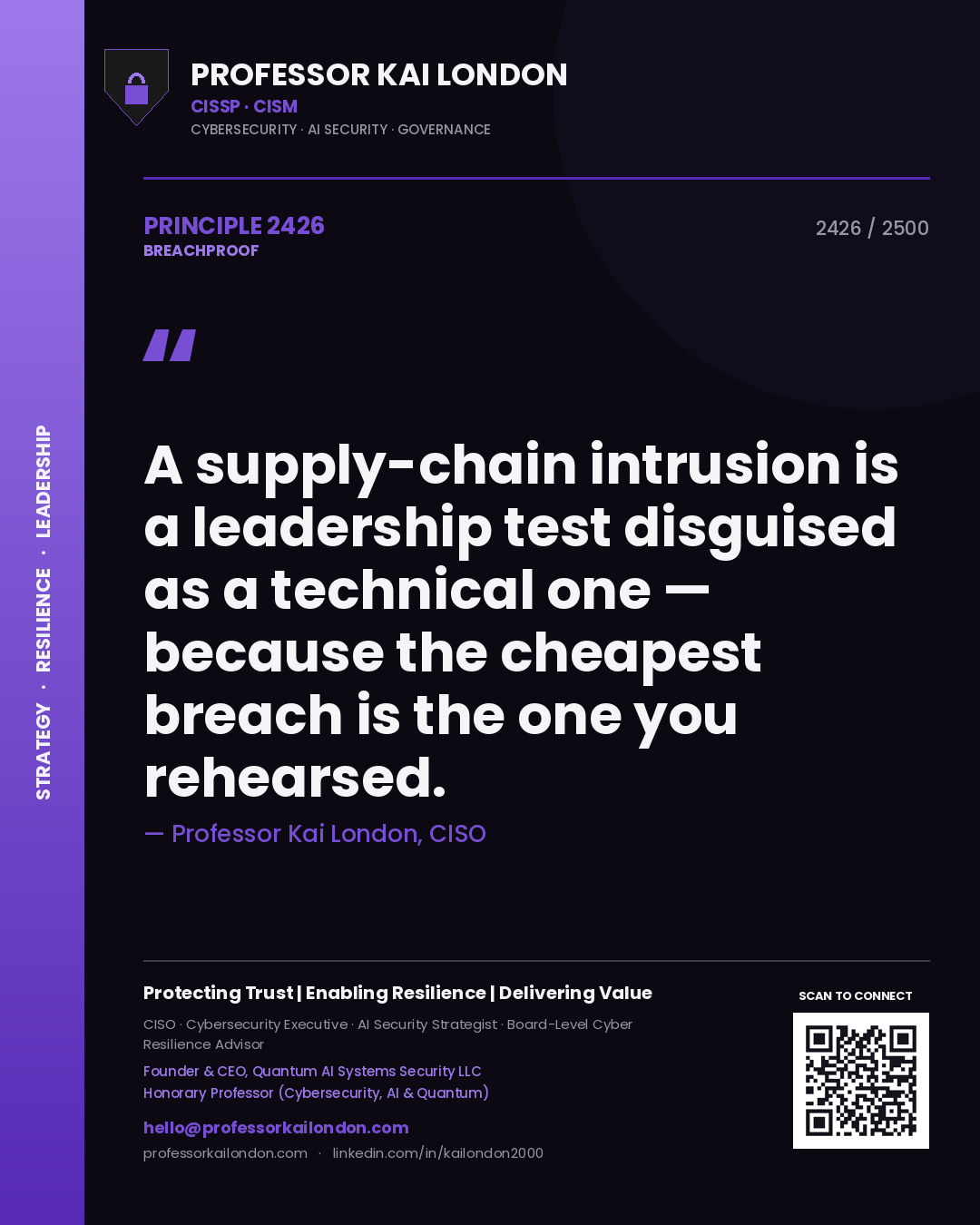 Professor Kai London principle 2426: A supply-chain intrusion is a leadership test disguised as a technical one — because the cheapest breach is the one you rehearsed.
