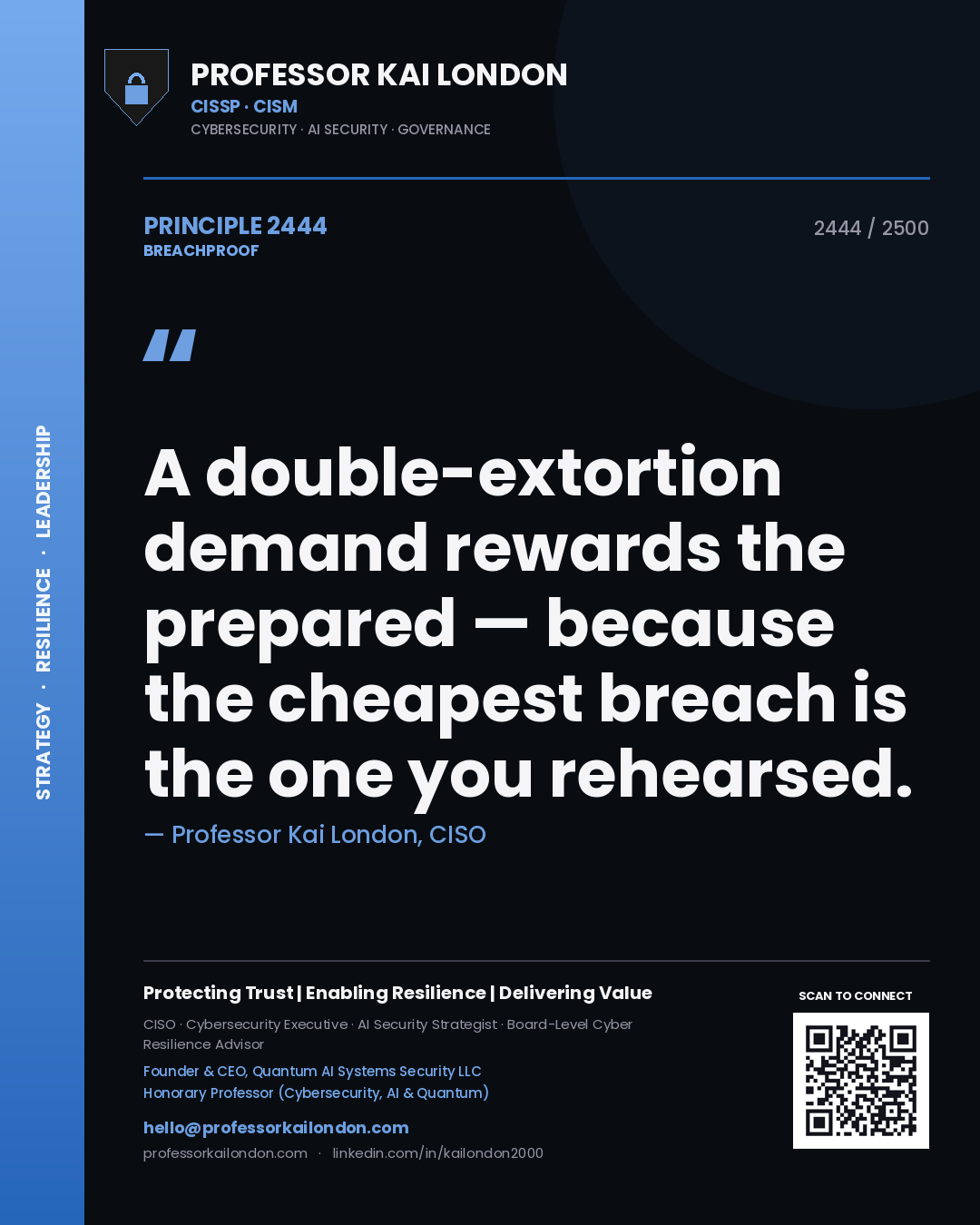 Professor Kai London principle 2444: A double-extortion demand rewards the prepared — because the cheapest breach is the one you rehearsed.