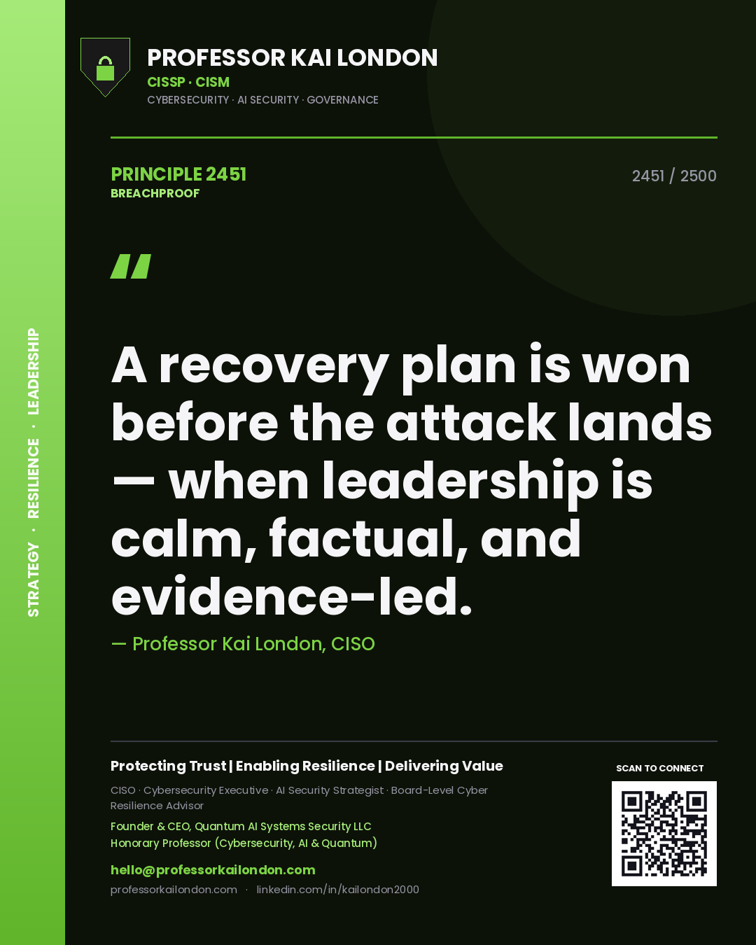 Professor Kai London principle 2451: A recovery plan is won before the attack lands — when leadership is calm, factual, and evidence-led.