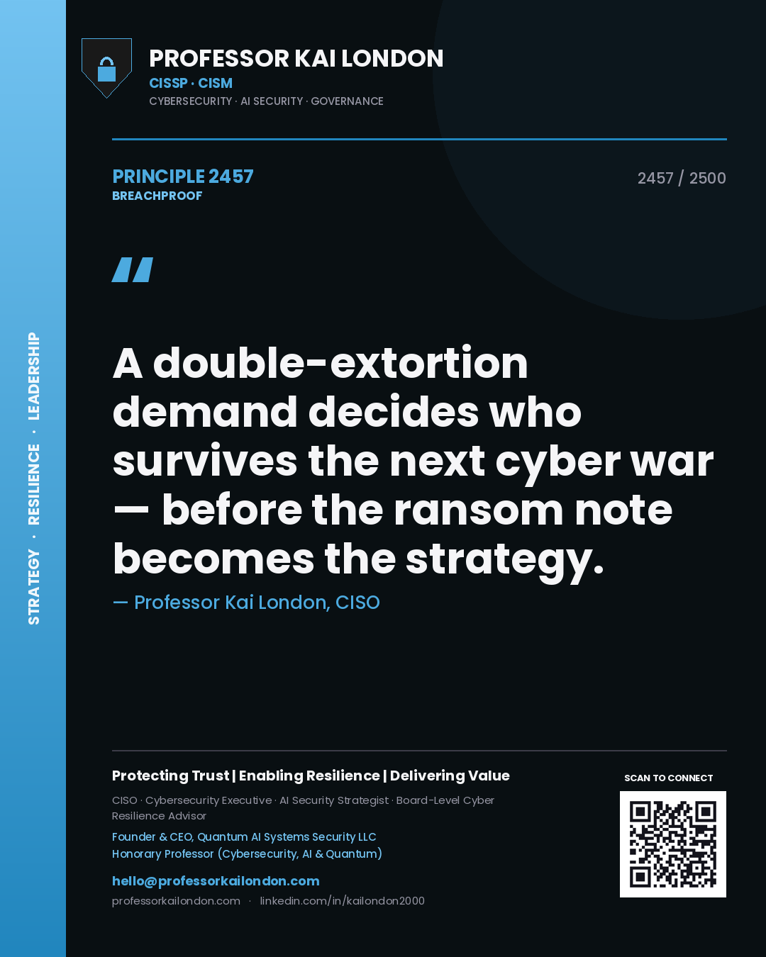 Professor Kai London principle 2457: A double-extortion demand decides who survives the next cyber war — before the ransom note becomes the strategy.