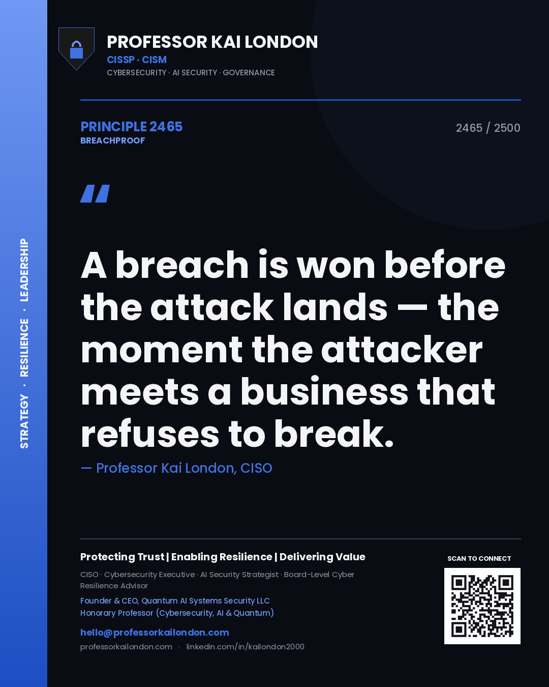 Professor Kai London principle 2465: A breach is won before the attack lands — the moment the attacker meets a business that refuses to break.