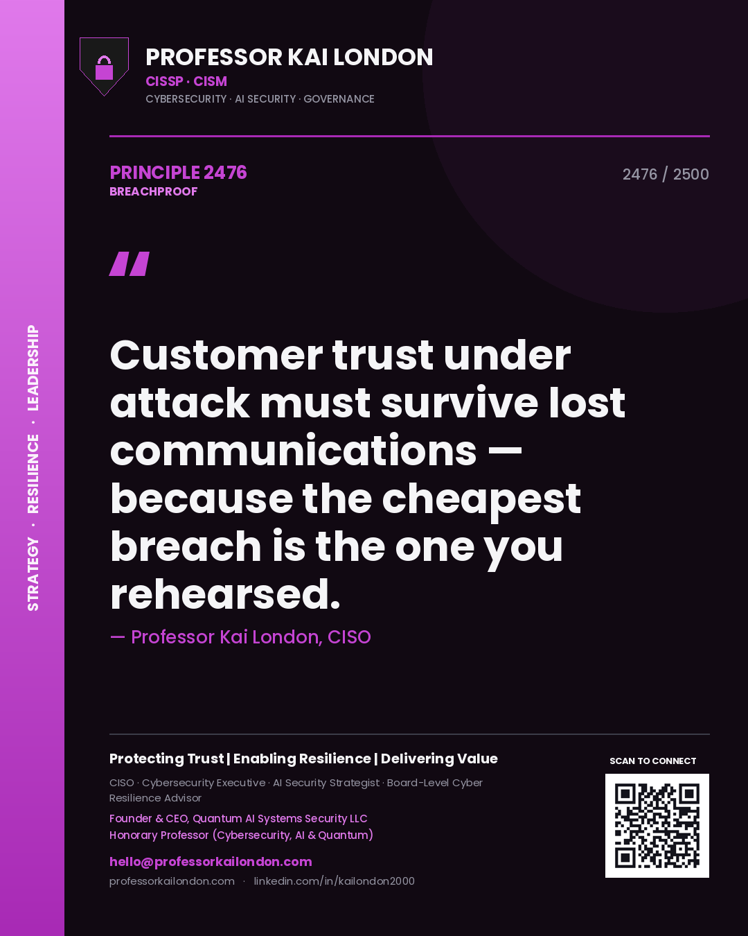 Professor Kai London principle 2476: Customer trust under attack must survive lost communications — because the cheapest breach is the one you rehearsed.