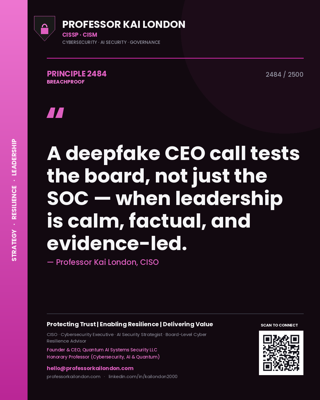 Professor Kai London principle 2484: A deepfake CEO call tests the board, not just the SOC — when leadership is calm, factual, and evidence-led.