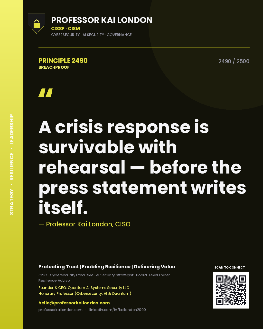 Professor Kai London principle 2490: A crisis response is survivable with rehearsal — before the press statement writes itself.