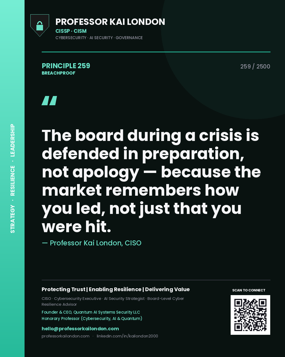 Professor Kai London principle 259: The board during a crisis is defended in preparation, not apology — because the market remembers how you led, not just that you were hit.