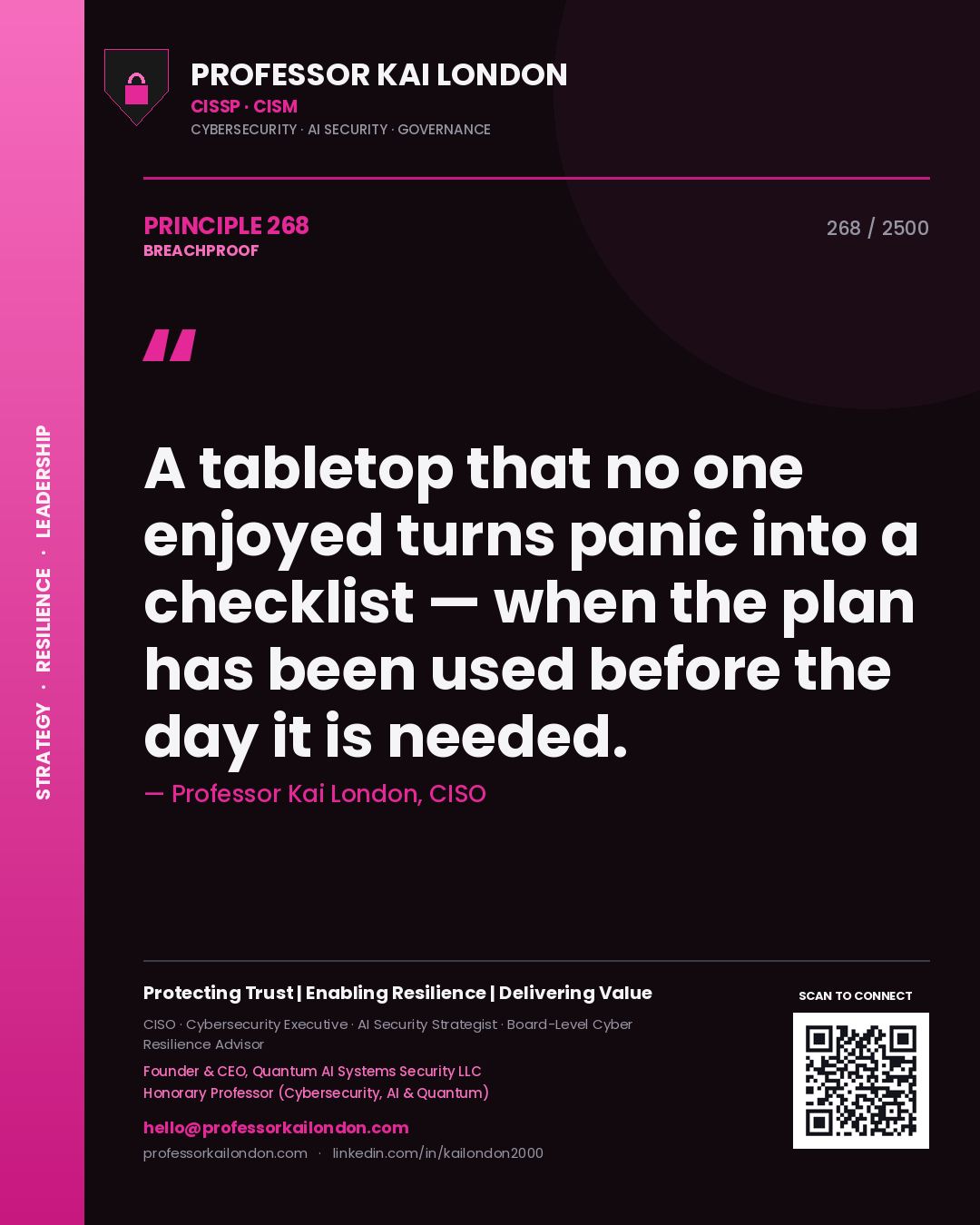 Professor Kai London principle 268: A tabletop that no one enjoyed turns panic into a checklist — when the plan has been used before the day it is needed.
