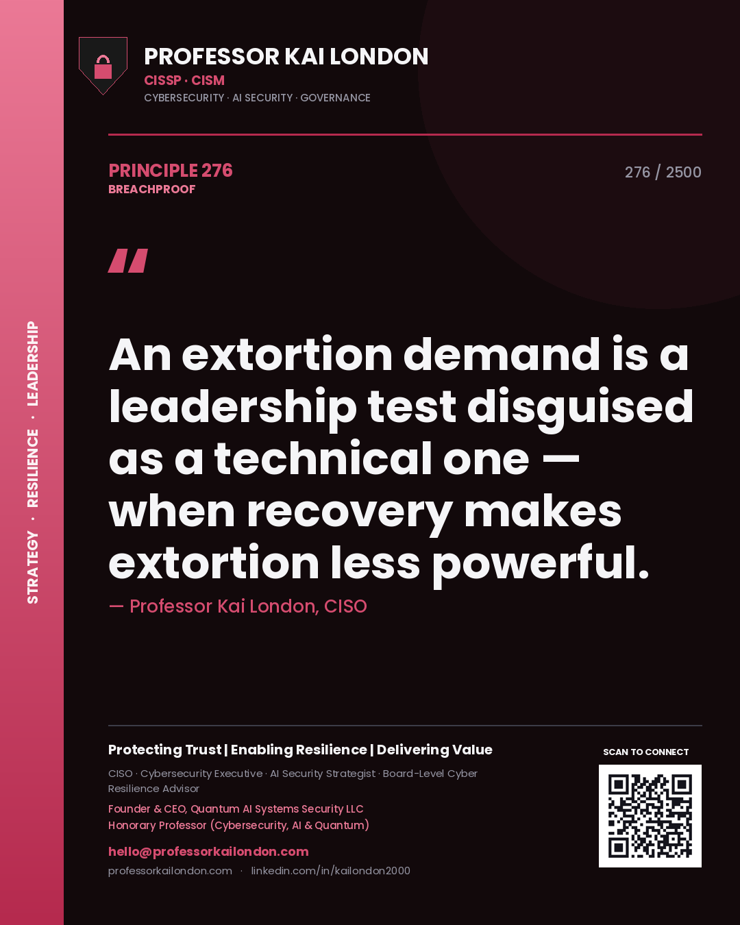 Professor Kai London principle 276: An extortion demand is a leadership test disguised as a technical one — when recovery makes extortion less powerful.