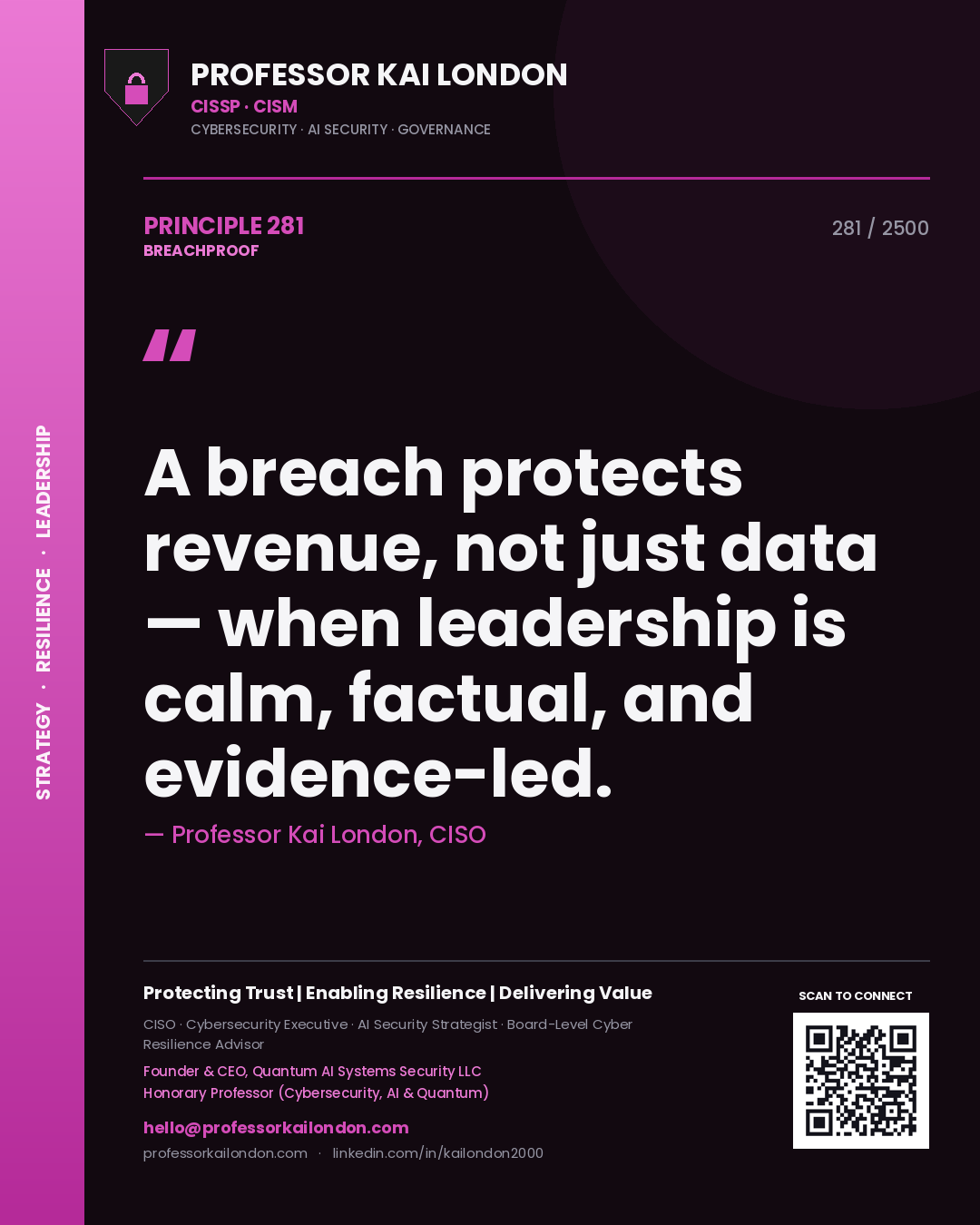 Professor Kai London principle 281: A breach protects revenue, not just data — when leadership is calm, factual, and evidence-led.