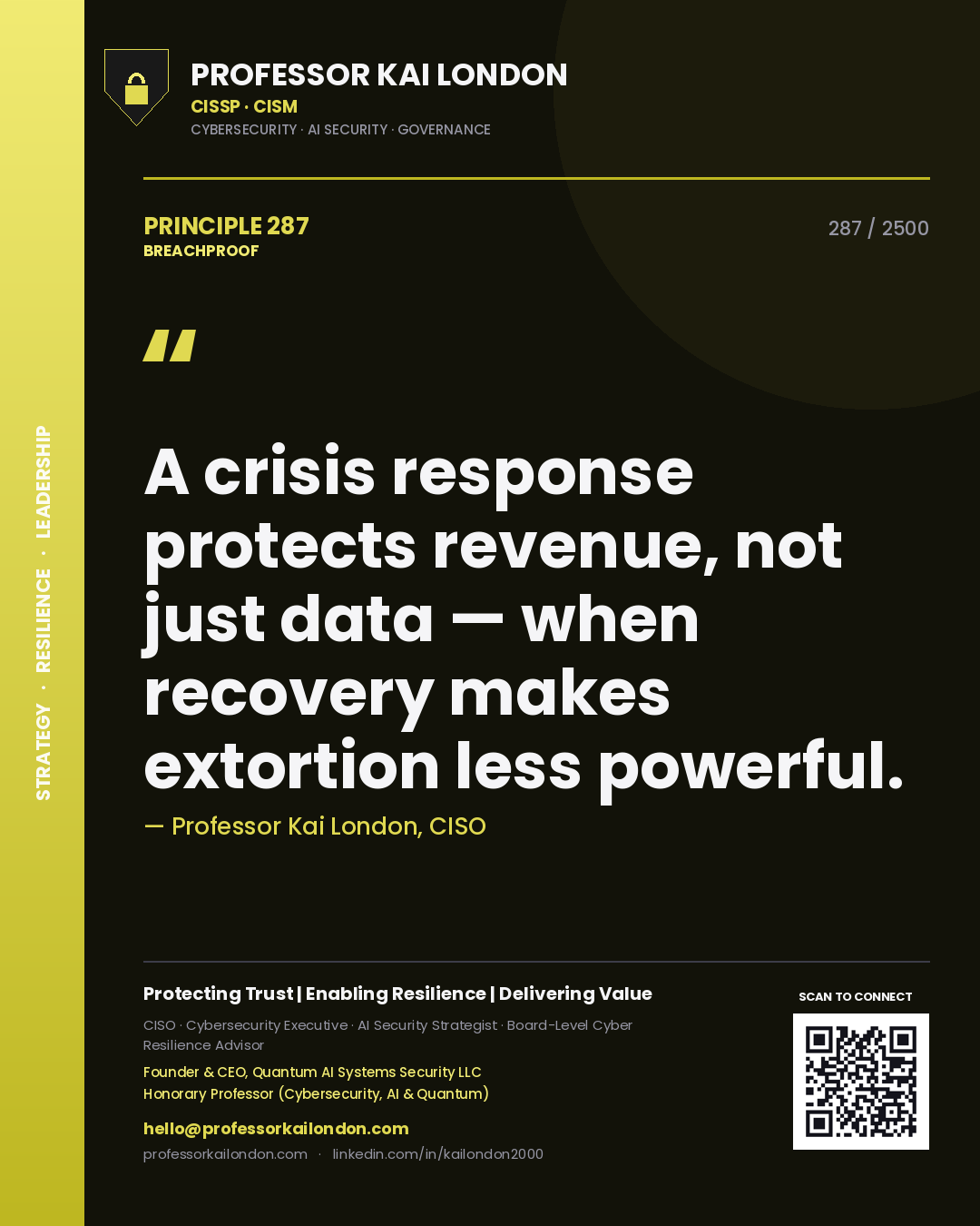 Professor Kai London principle 287: A crisis response protects revenue, not just data — when recovery makes extortion less powerful.