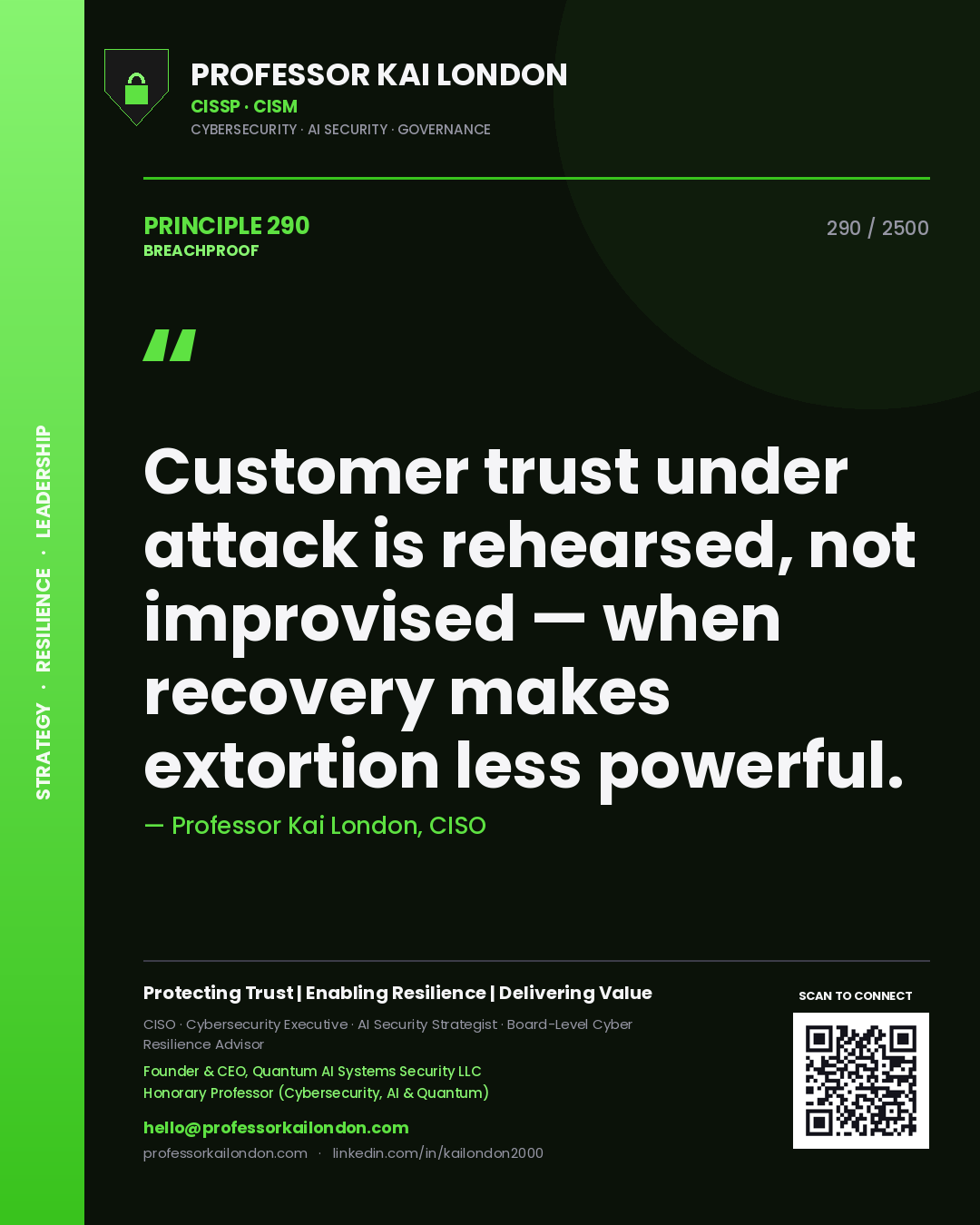 Professor Kai London principle 290: Customer trust under attack is rehearsed, not improvised — when recovery makes extortion less powerful.