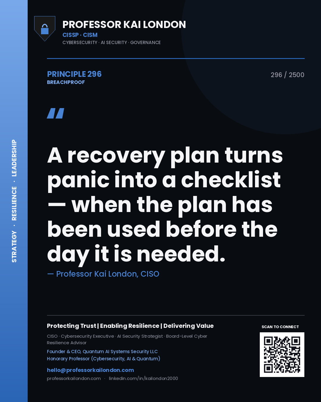 Professor Kai London principle 296: A recovery plan turns panic into a checklist — when the plan has been used before the day it is needed.
