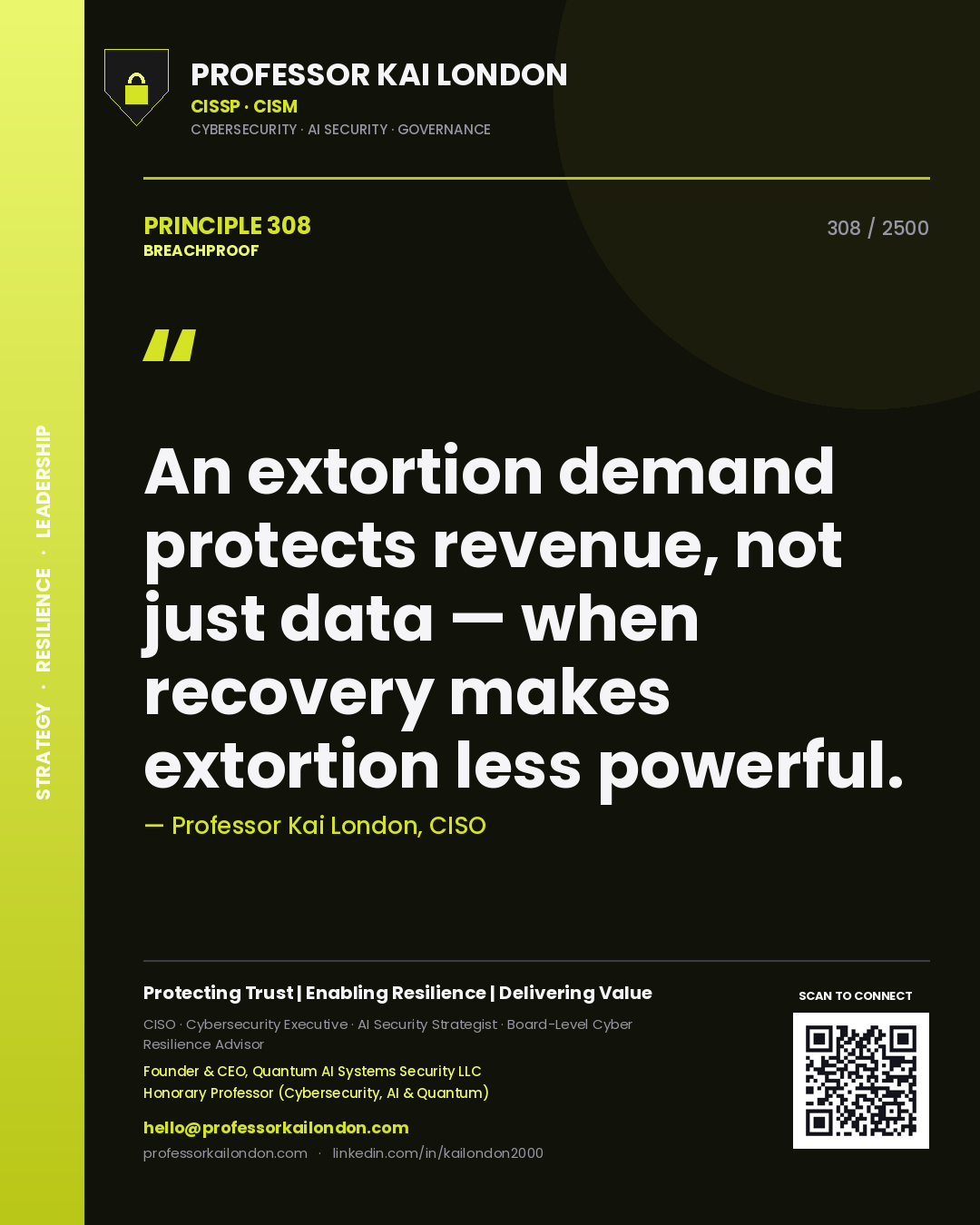Professor Kai London principle 308: An extortion demand protects revenue, not just data — when recovery makes extortion less powerful.